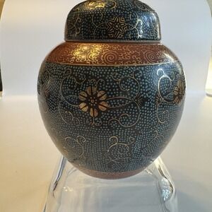 Vintage Japanese Satsuma Ginger Jar Vase w/Lid Crackle Glaze Dark Teal/Red/Gold